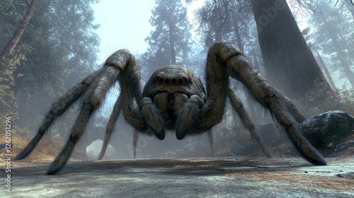 Colossal Spider in Misty Forest: A Digital Painting of a Giant Arachnid Emerging from the Woods, Evoking a Sense of Awe and Dread.