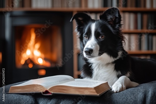 Intelligent-looking dog sitting near a fireplace with an open book, evoking warmth and wisdom. The scene blends coziness, literature, and pet companionship in a perfect harmony. photo