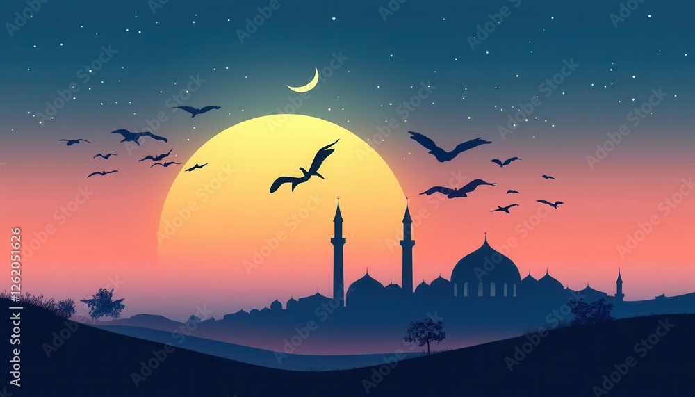 Naklejka premium Pixel Art Cityscape Silhouette at Sunset with Birds and Crescent Moon