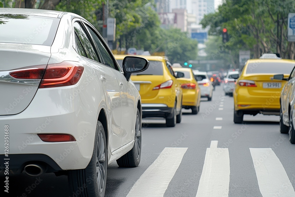 City Traffic Jam with White and Yellow Cars at Crosswalk City Traffic Jam with White and Yellow Cars at Crosswalk