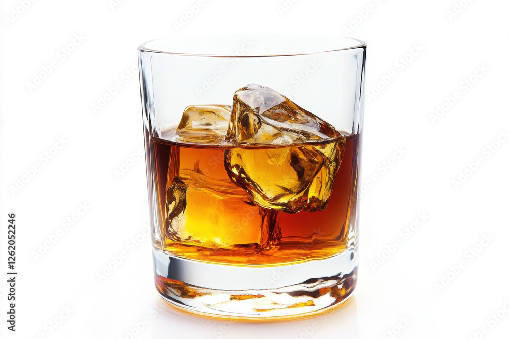 A glass of whiskey with ice on a white surface, featuring a brown liquid, cubes of ice, and a cold, refreshing drink often enjoyed at bars or during social gatherings A glass of whiskey with ice on a white surface, featuring a brown liquid, cubes of ice, and a cold, refreshing drink often enjoyed at bars or during social gatherings
