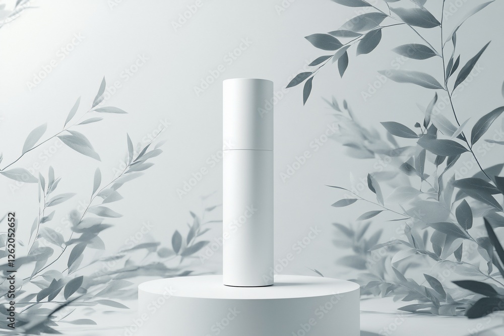 White cylindrical container on a pedestal, surrounded by stylized foliage. White cylindrical container on a pedestal, surrounded by stylized foliage.