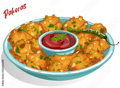 Pakoras with Ketchup Served in Bowl. Potato, Spinach, Onions and Gram Flour or Besan Batter Deep Fried Fritters. Asian Popular Street Snacks Illustration