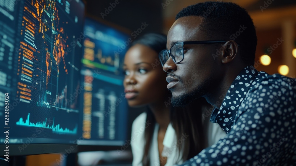 African Financial Data Analysts Using Dashboard On Screens African Financial Data Analysts Using Dashboard On Screens