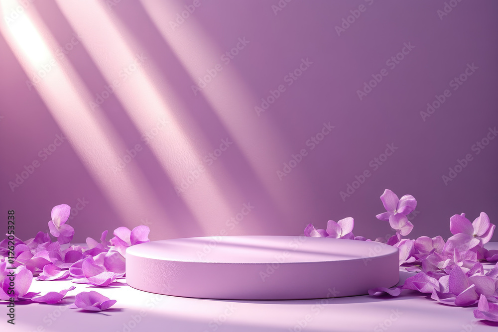 A simple circular podium on a lavender background with petals. Perfect for Mother's Day, Women's day, March 8,Easter, anniversary designs. Empty podium for product presentation and demonstration. A simple circular podium on a lavender background with petals. Perfect for Mother's Day, Women's day, March 8,Easter, anniversary designs. Empty podium for product presentation and demonstration.