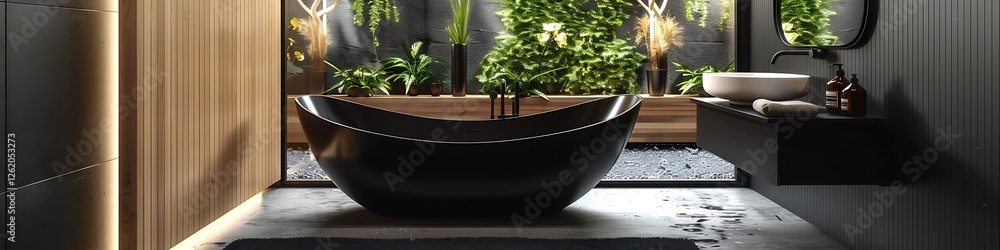 Black bathroom, bathtub, black sk, wooden wall panel, concrete floor, wdow with garden view, natural light, modern style,