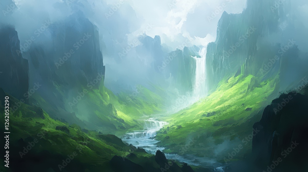 Obraz premium Serene Mountain Landscape with Waterfall and Misty Atmosphere