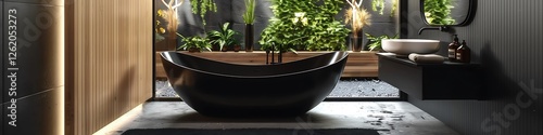 Obraz na płótnie Black bathroom, bathtub, black sk, wooden wall panel, concrete floor, wdow with garden view, natural light, modern style, w salonie