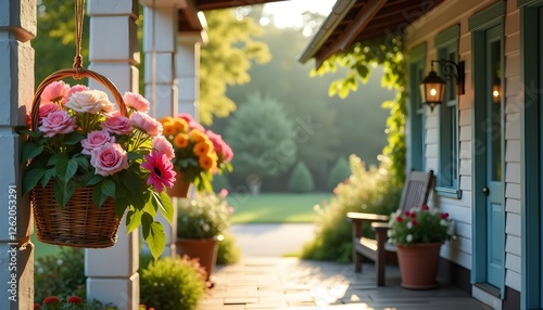 Hanging flower basket on a porch with warm sunlight