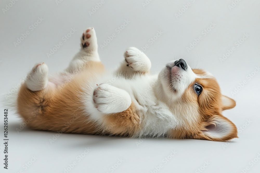 Adorable fluffy puppy lying on its back, paws in the air, playful expression. Adorable fluffy puppy lying on its back, paws in the air, playful expression.