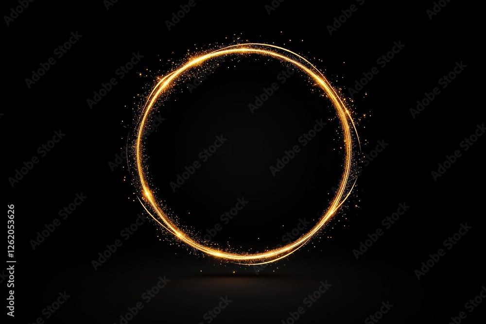 Golden Sparkling Firework Confetti Circle Frame on Black Background Golden Sparkling Firework Confetti Circle Frame on Black Background