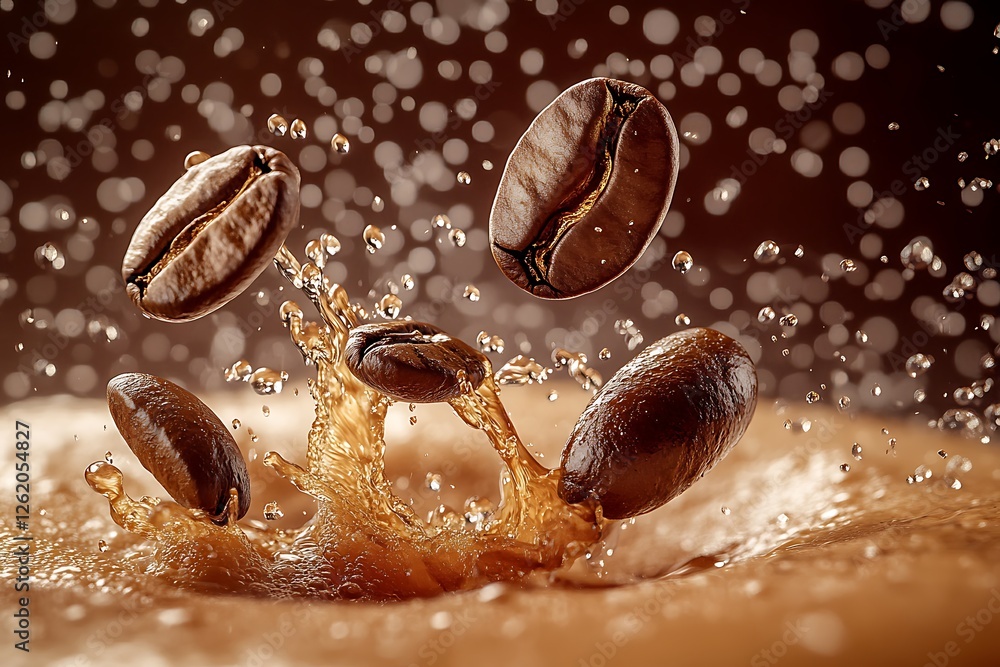 Fresh coffee beans diving into freshly brewed coffee, creating a burst of liquid droplets flying in every direction, captured in high-definition. Fresh coffee beans diving into freshly brewed coffee, creating a burst of liquid droplets flying in every direction, captured in high-definition.