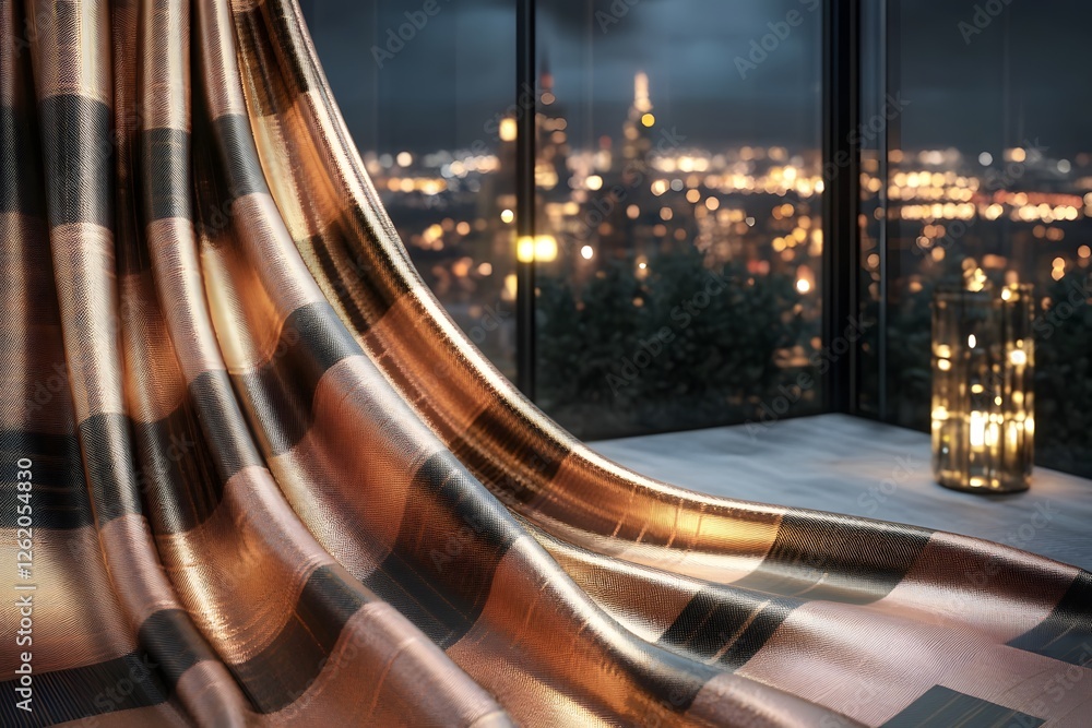 Illuminated Cityscape Visible Through Sheer Curtains In Cozy Home Interior On Atmospheric Night Illuminated Cityscape Visible Through Sheer Curtains In Cozy Home Interior On Atmospheric Night