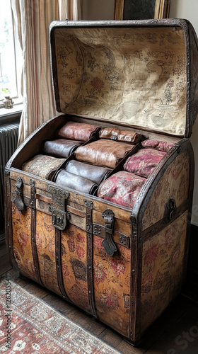 open chest in antique style, inside there are many pads and pockets photo