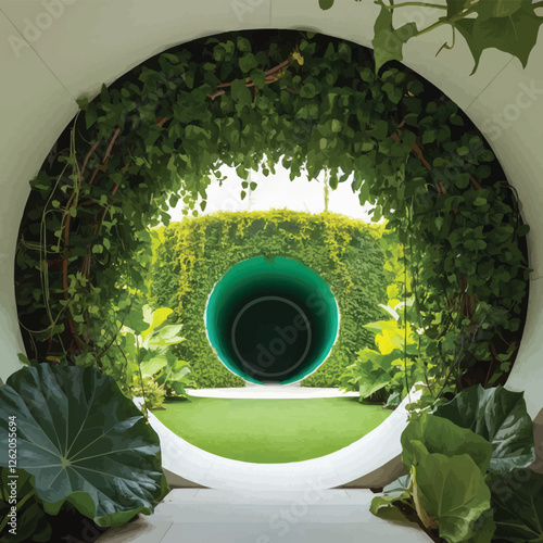 A circular opening framed by lush green plants and vines, leading into a deeper, similarly verdant circular space.