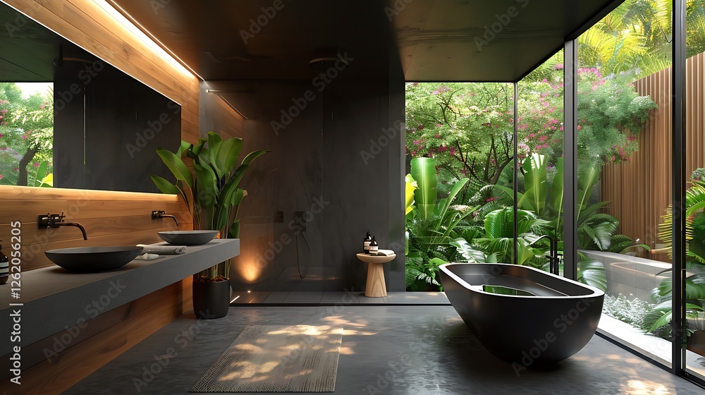 Black bathroom, bathtub, black sk, wooden wall panel, concrete floor, wdow with garden view, natural light, modern style,