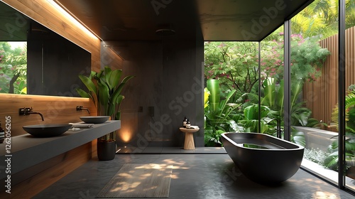 Obraz na płótnie Black bathroom, bathtub, black sk, wooden wall panel, concrete floor, wdow with garden view, natural light, modern style, w salonie