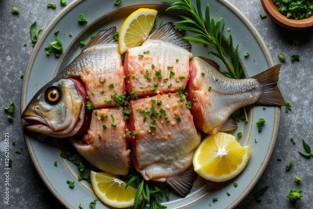 Prepared fresh fish with lemon and herbs on plate Prepared fresh fish with lemon and herbs on plate