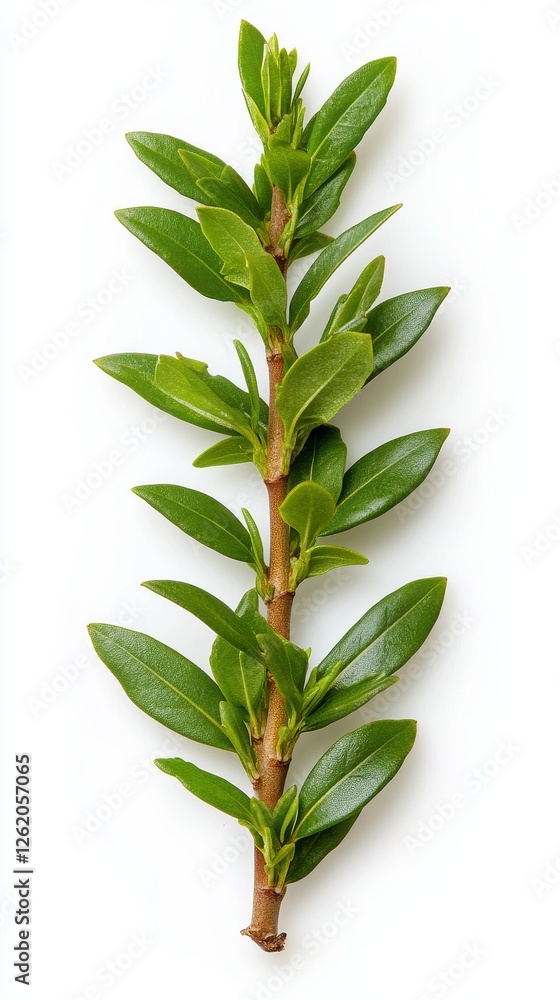 Fototapeta premium Green Sprig with Glossy Leaves on White Background