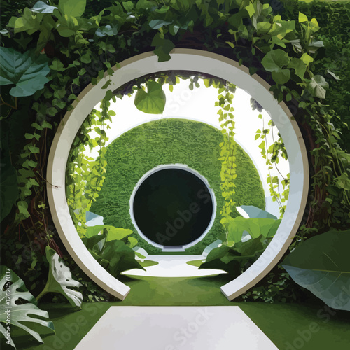 A circular opening framed by lush green plants and vines, leading into a deeper, similarly verdant circular space.