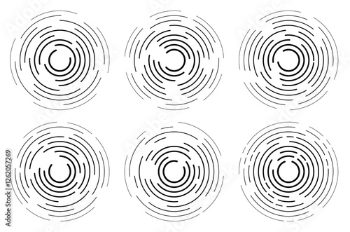 Abstract concentric circles radiating from center to periphery. Sound radio waves connected in radial circle. Simple vector elements for designing advertisements and banners of TV and radio programs