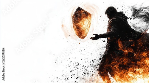 a hero casting a glowing shield spell, fantasy magic, radiant energy, isolated on white background