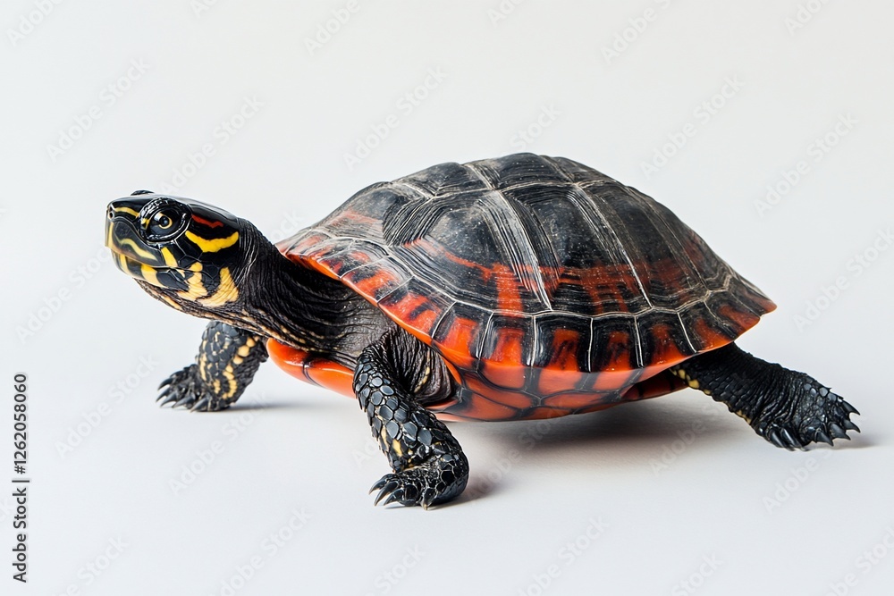 Obraz premium A vibrant, red-striped turtle crawls on a white background, showcasing its detailed shell and bright markings.