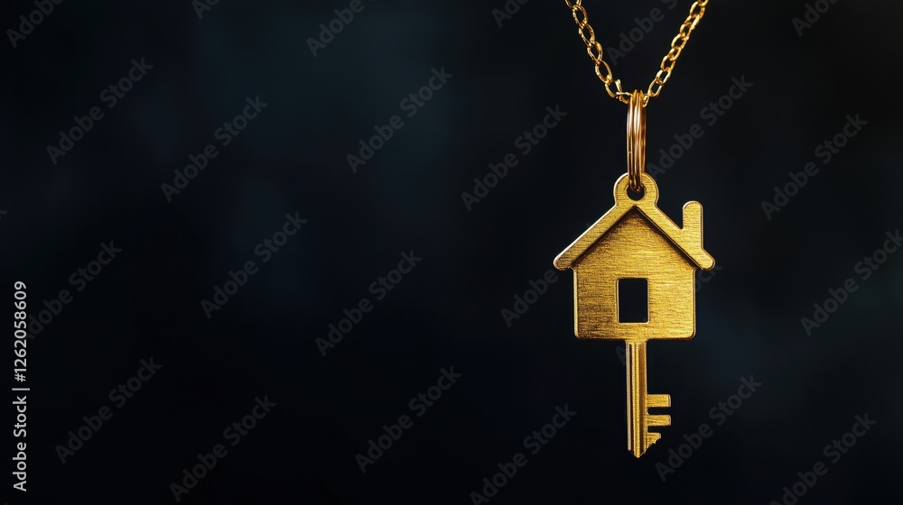 Golden house shaped key hanging on a chain symbolizing homeownership Golden house shaped key hanging on a chain symbolizing homeownership