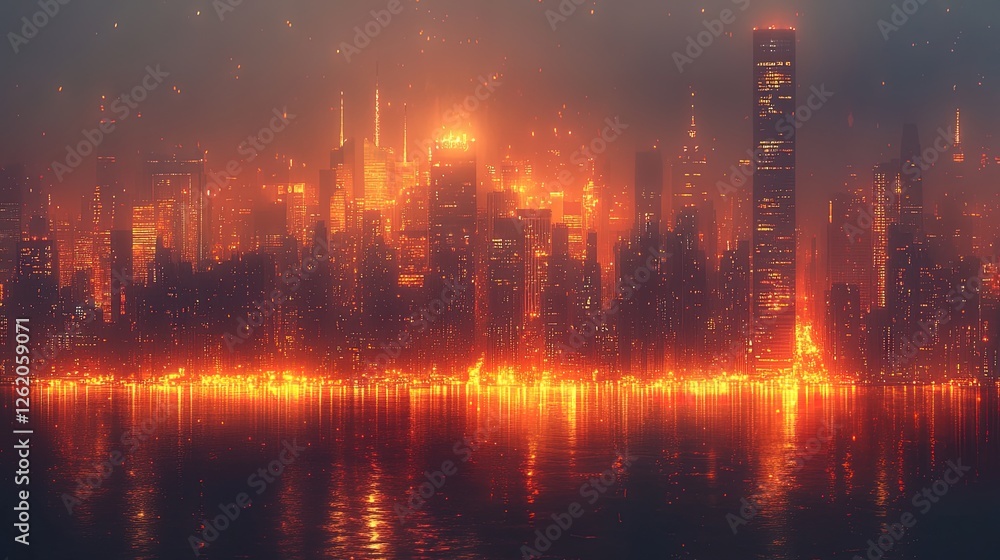 City skyline glowing with golden lights at twilight, urban elegance City skyline glowing with golden lights at twilight, urban elegance