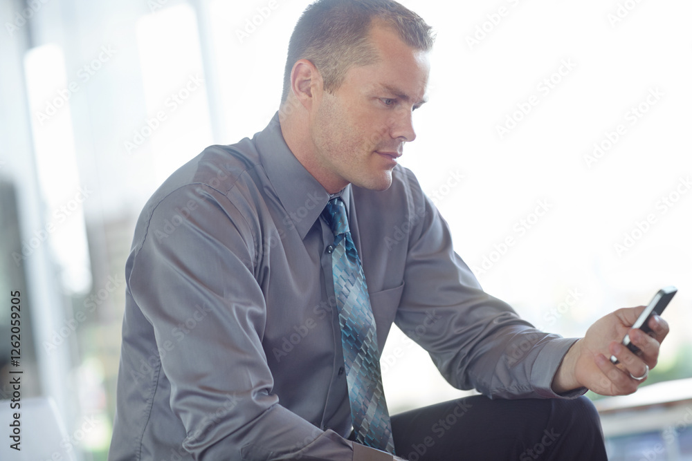 App, communication and phone with business man in lobby of office for contact or text message. Connectivity, reading or typing with professional employee in workplace for break or internet research App, communication and phone with business man in lobby of office for contact or text message. Connectivity, reading or typing with professional employee in workplace for break or internet research