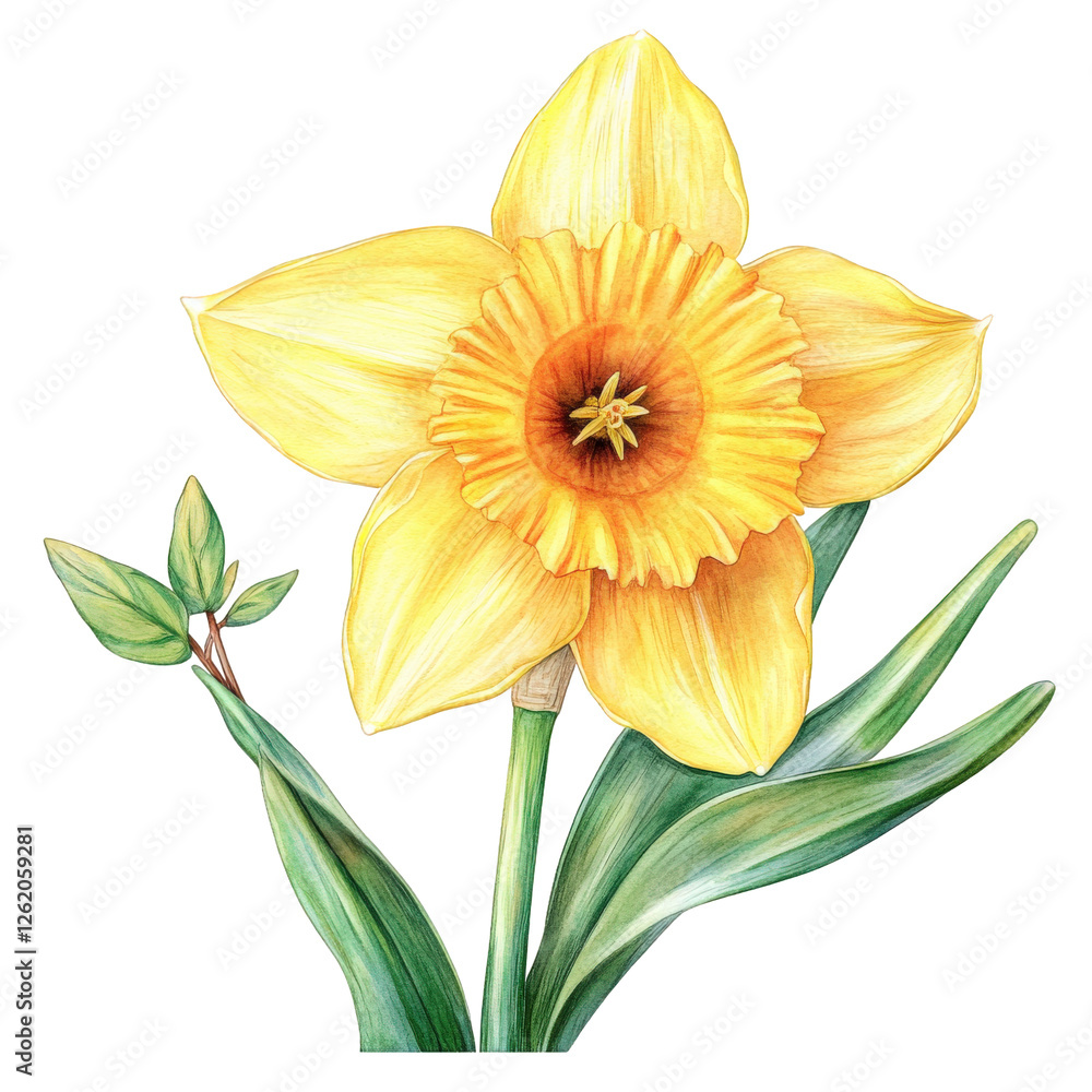 Fototapeta premium A charming watercolor illustration of a bright yellow daffodil with delicate shading, soft and airy brushwork, and elegant floral curves, transparent background, PNG