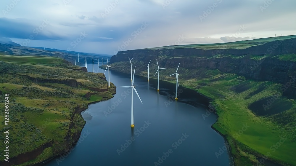 Clean energy wind turbines in scenic landscape, sustainable power generation Clean energy wind turbines in scenic landscape, sustainable power generation