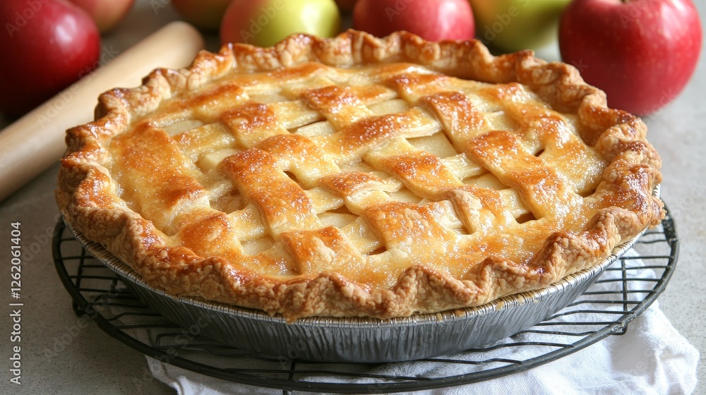 A freshly baked apple pie on a cooling rack, surrounded by apples and a rolling pin. A freshly baked apple pie on a cooling rack, surrounded by apples and a rolling pin.