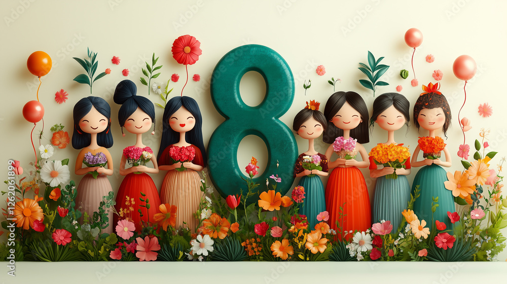 Fototapeta premium A joyful illustration of eight smiling girls in colorful dresses, surrounded by vibrant flowers and balloons, symbolizing happiness, celebration, and unity