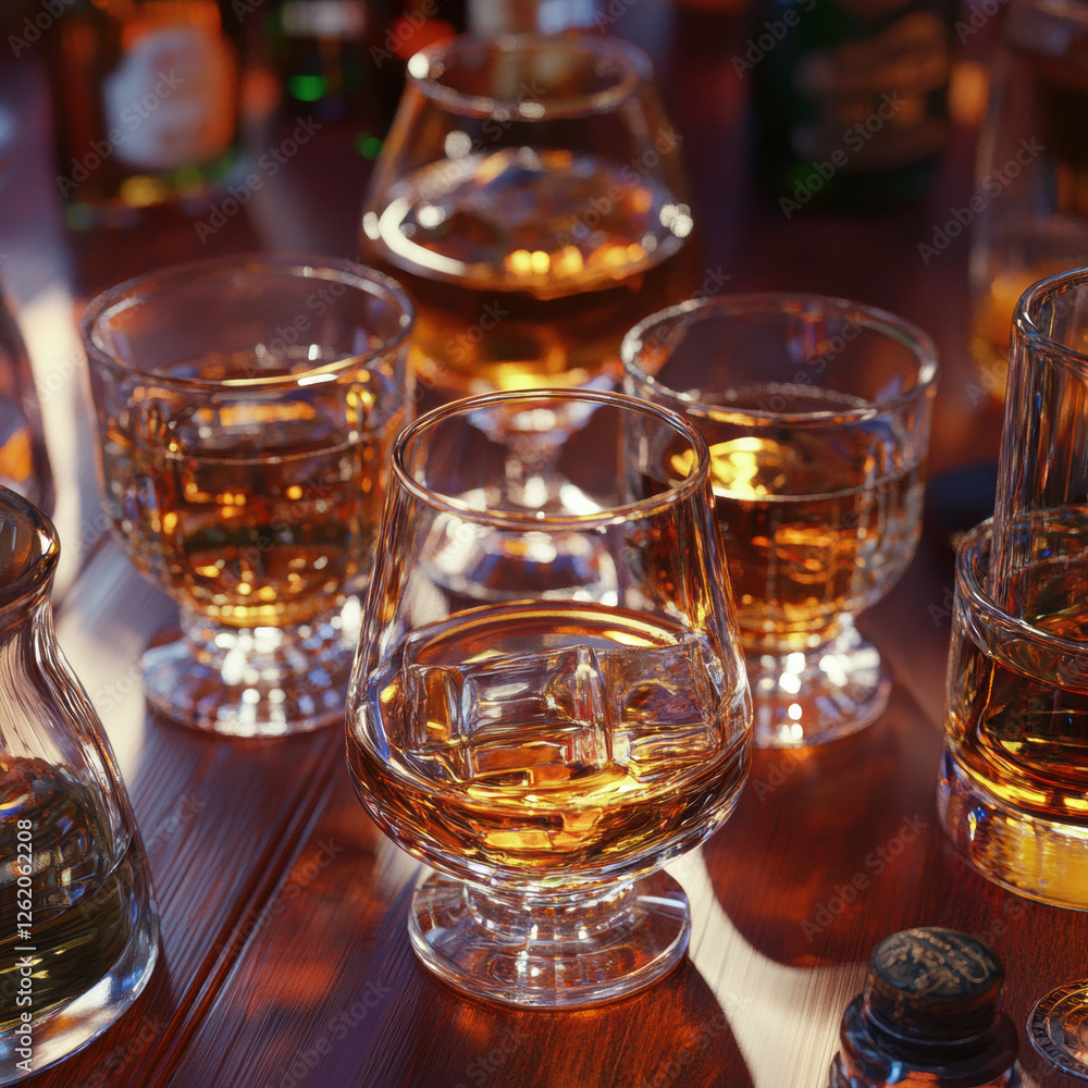 Close-up of a glass of cognac, brandy, and whiskey with ice, set in a bar for a relaxing drink, showcasing gold and white colors, perfect for a social gathering Close-up of a glass of cognac, brandy, and whiskey with ice, set in a bar for a relaxing drink, showcasing gold and white colors, perfect for a social gathering