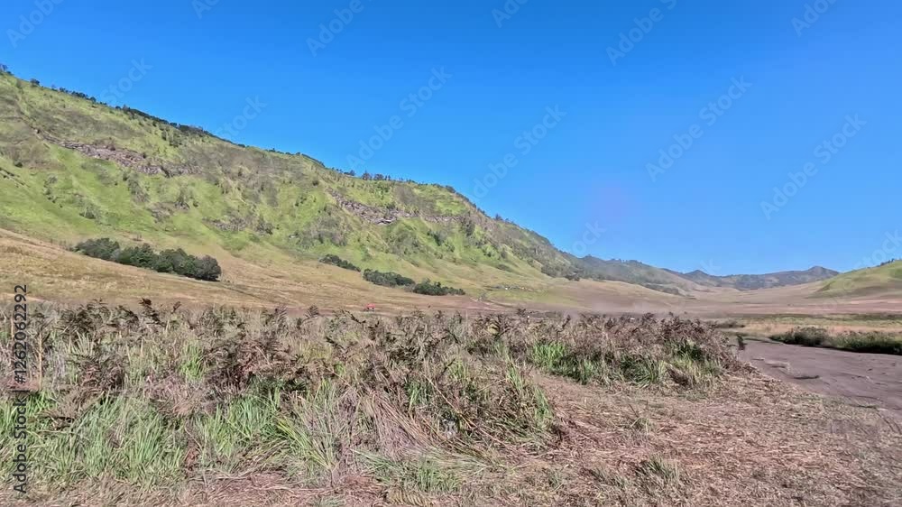 The view of grassy fields and hills in Bromo National Park is breathtaking under a clear sky, showcasing nature's vibrant colors and serene beauty. The view of grassy fields and hills in Bromo National Park is breathtaking under a clear sky, showcasing nature's vibrant colors and serene beauty.