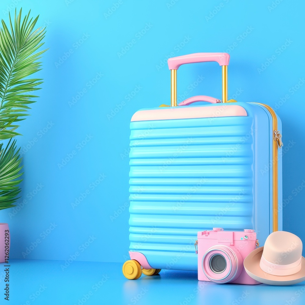Obraz premium Pastel Suitcase, Camera, and Hat on Blue Background