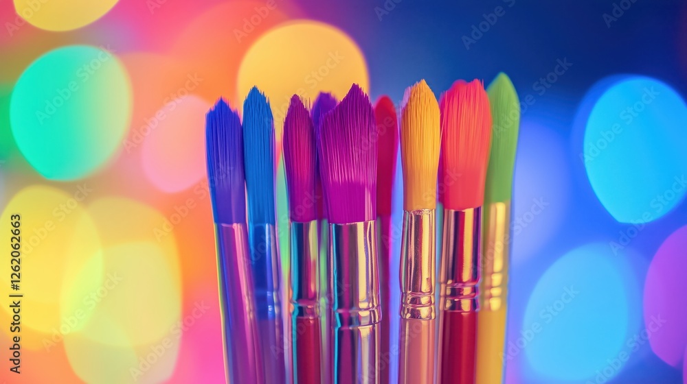 Colorful paintbrushes standing up against a bokeh background representing creativity and art Colorful paintbrushes standing up against a bokeh background representing creativity and art
