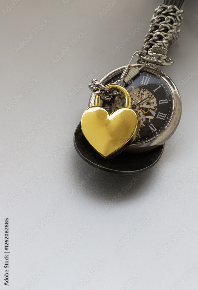 Golden heart shaped love padlock lap over A retro pocket watch on white background. Love can endure beyond the limitations of time, Concept of Love that transcends time, Valentine's day, Copy space.