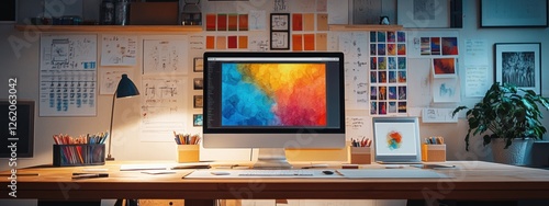 Modern Designer Workspace iMac Color Swatches Sketches