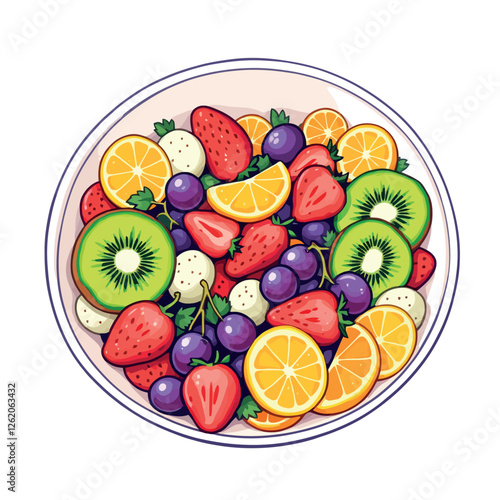 Vsai fresh fruit salad with kiwi, strawberries, grapes and orange slices in bowl
