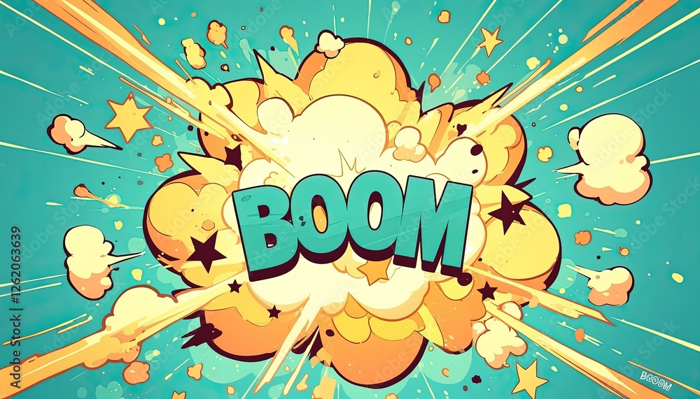 Naklejka premium Cartoon text BOOM with an explosion in a light blue scene for design