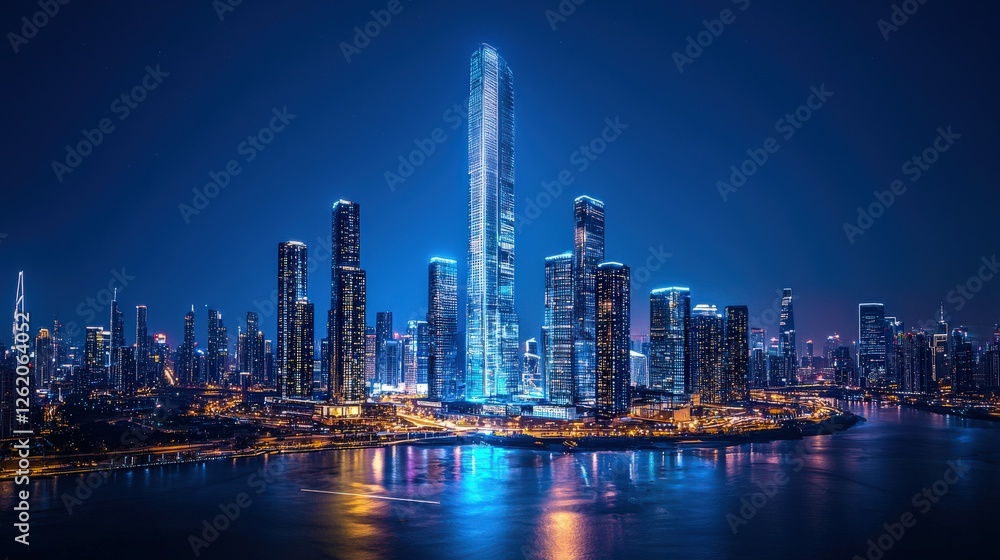 Fototapeta premium A stunning city skyline at night, featuring illuminated skyscrapers and a vibrant atmosphere reflected on the water.