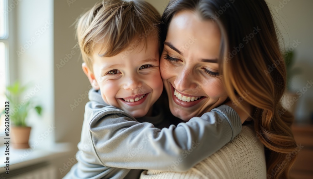 Mother and her young son are embracing each other lovingly Mother and her young son are embracing each other lovingly