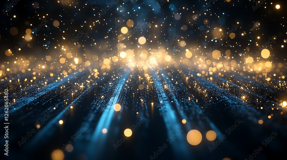 Fototapeta premium Sparkling golden blue particles, abstract background, futuristic design, website banner