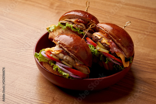 A close-up of three burgers, showcasing the juicy patty, crispy bacon, and soft bun. The burgers are filled with fresh toppings and served on a sesame seed bun.
