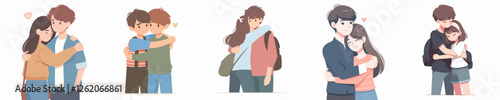 vector a teenager is hugging a friend warmly with a simple and minimalist flat design style, plain white background, standing and full body