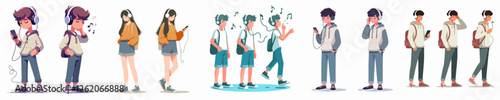 vector a teenager is listening to music with headphones with a simple and minimalist flat design style, plain white background, standing and full body
