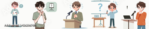 vector a teenager is giving a presentation nervously with a simple and minimalist flat design style, plain white background