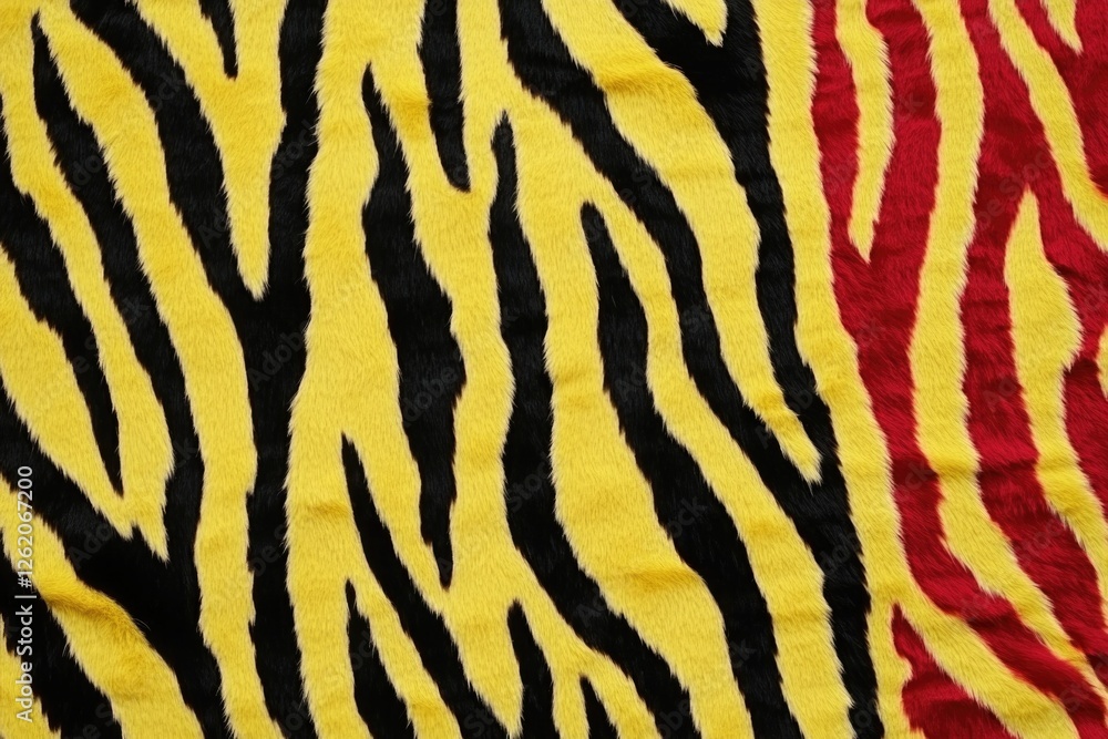 A colorful tiger print area rug with bold yellow, red, and black stripes for a wild cat theme. The thick pile makes it perfect for use on the floor or as wall art. A colorful tiger print area rug with bold yellow, red, and black stripes for a wild cat theme. The thick pile makes it perfect for use on the floor or as wall art.